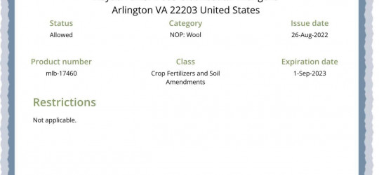 Sheep wool fertilizer received its OMRI, USA certificate 